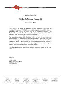 Press Release Toll-Pacific National Starters Kit 16th February 2007