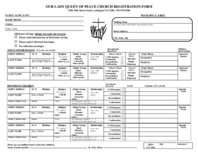OUR LADY QUEEN OF PEACE CHURCH REGISTRATION FORM 2700 19th Street South, Arlington VA 22204, [removed]