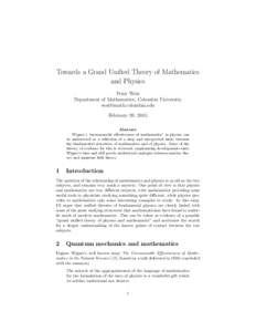 Towards a Grand Unified Theory of Mathematics and Physics Peter Woit Department of Mathematics, Columbia University [removed] February 20, 2015
