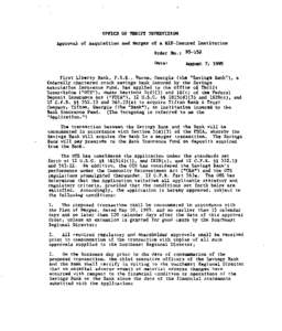 OFFICB OP TBRIFT SUPEBVISION Approval of Acquisition and Herger of a BIF-Insured Institution Order No.: S-152 Date:  Auguat7,1995