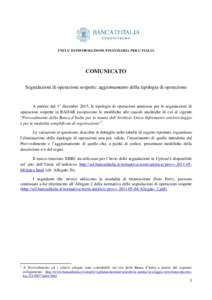 UNITA’ DI INFORMAZIONE FINANZIARIA PER L’ITALIA  COMUNICATO Segnalazioni di operazioni sospette: aggiornamento della tipologia di operazione  A partire dal 1° dicembre 2015, le tipologie di operazioni ammesse per le