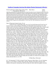 Southern Campaign American Revolution Pension Statements & Rosters Pension application of Henry Hayes (Hays) W14 Transcribed by Will Graves Mary Hayes