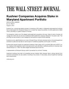 Kushner Companies Acquires Stake in Maryland Apartment Portfolio DEALS & DEAL MAKERS