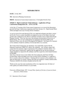 MEMORANDUM DATE: 24 July 2003 TO: Jamestown Planning Commission FROM: Jamestown Conservation Commission, J. Christopher Powell, Chair SUBJECT: High Groundwater Table Ordinance – Application of Forge Construction Manage