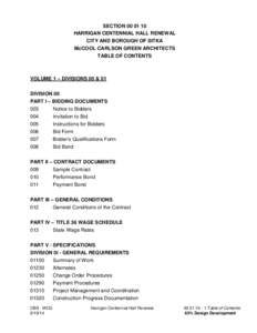 SECTIONHARRIGAN CENTENNIAL HALL RENEWAL CITY AND BOROUGH OF SITKA McCOOL CARLSON GREEN ARCHITECTS TABLE OF CONTENTS