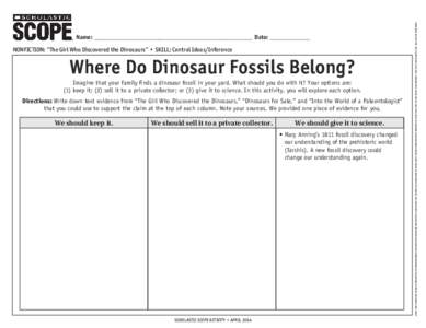 NONFICTION: “The Girl Who Discovered the Dinosaurs” • SKILL: Central Ideas/Inference  Where Do Dinosaur Fossils Belong? Imagine that your family finds a dinosaur fossil in your yard. What should you do with it? You