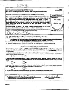 FORMCIQ  CONFLICT OF INTEREST QUESTIONNAIRE For vendor or other penon doln& buslaess with local goverameatal entity This queatlonMIN reflectschMges made to the law by H.8. 14l1,-.