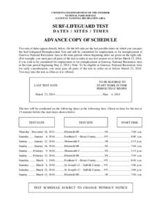 UNITED STATES DEPARTMENT OF THE INTERIOR NATIONAL PARK SERVICE GATEWAY NATIONAL RECREATION AREA SURF-LIFEGUARD TEST DATES / SITES / TIMES