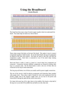 Using the Breadboard (Socket Board) The bread board has many strips of metal (copper usually) which run underneath the board. The metal strips are laid out as shown below.