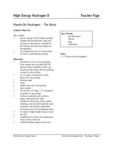 High Energy Hydrogen II  Teacher Page Hands-On Hydrogen – The Body Student Objective