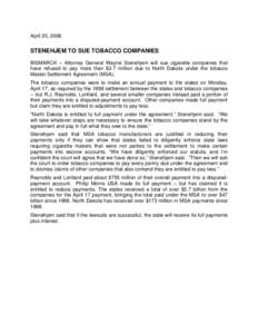 Microsoft Word - Stenehjem to Sue Tobacco Companies.doc