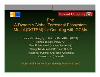 Ent: A Dynamic Global Terrestrial Ecosystem Model (DGTEM) for Coupling with GCMs Nancy Y. Kiang, Igor Aleinov, David Rind (GISS) Randal D. Koster (GSFC) Paul R. Moorcroft (Harvard University)