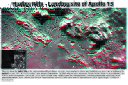 Hadley Rille - Landing site of Apollo 15  This photo shows the Hadley Rille on the southeast edge of Mare Imbrium. It is better known as where U.S. Astronauts David Scott and James Irwin landed during the Apollo 15 missi