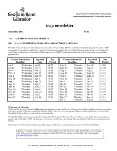 Government of Newfoundland and Labrador Department of Health and Community Services mcp newsletter December 2014