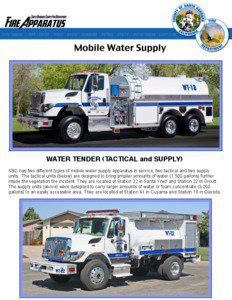 WATER TENDER (TACTICAL and SUPPLY) SBC has two different types of mobile water supply apparatus in service; two tactical and two supply units. The tactical units (below) are designed to bring smaller amounts of water (1,500 gallons) further