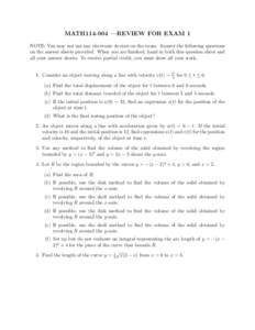 MATH114-004 —REVIEW FOR EXAM 1 NOTE: You may not use any electronic devices on the exam. Answer the following questions on the answer sheets provided. When you are finished, hand in both this question sheet and all you