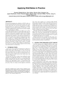 Applying WebTables in Practice Sreeram Balakrishnan, Alon Halevy, Boulos Harb, Hongrae Lee, Jayant Madhavan, Afshin Rostamizadeh, Warren Shen, Kenneth Wilder, Fei Wu, Cong Yu Google Research {sreevb,halevy,harb,hrlee,jay