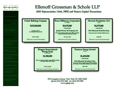 Ellenoff Grossman & Schole LLP 2007 Representative 144A, PIPE and Venture Capital Transactions Areas of Practice Include: CORPORATE AND