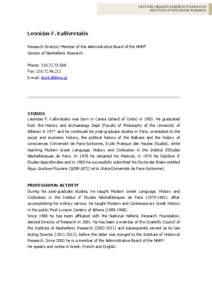 NATIONAL HELLENIC RESEARCH FOUNDATION INSTITUTE OF HISTORICAL RESEARCH Leonidas F. Kallivretakis Research Director/ Member of the Administrative Board of the NHRF Section of Neohellenic Research