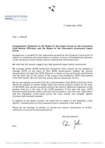 21 September[removed]Prot. n[removed]Assogestioni’s Response to the Report of the Expert Group on the Investment Fund Market Efficiency and the Report of the Alternative Investment Expert