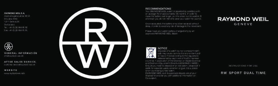 RAYMOND WEIL GENEVA  - Instructions for Use SPORT DUAL TIME - Swiss Luxury Watches