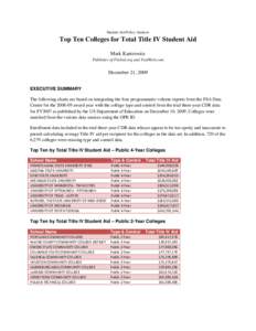 Student Aid Policy Analysis  Top Ten Colleges for Total Title IV Student Aid Mark Kantrowitz Publisher of FinAid.org and FastWeb.com