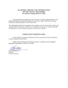 Quarterly Report and Certification of the County Treasurer for the Quarter Ending March 31, 2015