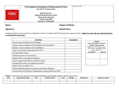 (Office Use Only)  FY14 Regional Coordinator Reimbursement Form th  Due the 5 of every month