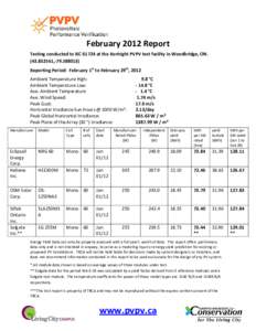 February 2012 Report Testing conducted to IEC[removed]at the Kortright PVPV test facility in Woodbridge, ON[removed],-[removed]Reporting Period: February 1st to February 29th, 2012 Ambient Temperature High: Ambient Te