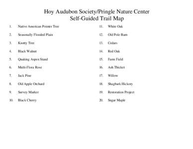 Hoy Audubon Society/Pringle Nature Center Self-Guided Trail Map 1. Native American Pointer Tree