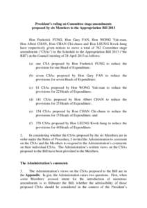 President’s ruling on Committee stage amendments proposed by six Members to the Appropriation Bill 2013 Hon Frederick FUNG, Hon Gary FAN, Hon WONG Yuk-man, Hon Albert CHAN, Hon CHAN Chi-chuen and Hon LEUNG Kwok-hung ha