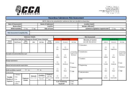 Hazardous Substances Risk Assessment NOTE: Only to be completed for substances that are classified as hazardous Date of Assessment: Review Date: MSDS Available: