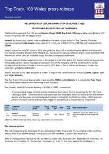 Top Track 100 Wales press release Thursday 4 June 2015 WELSH RETAILER ICELAND RANKS 14TH ON LEAGUE TABLE OF BRITAIN’S BIGGEST PRIVATE COMPANIES Published this weekend, the 14th annual Sunday Times HSBC Top Track 100 le