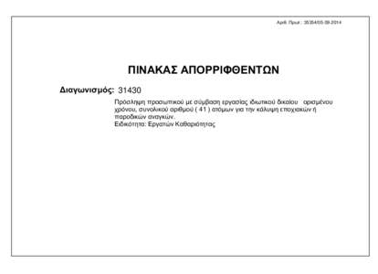 Αριθ. Πρωτ.: [removed]  ΠΙΝΑΚΑΣ ΑΠΟΡΡΙΦΘΕΝΤΩΝ Διαγωνισμός: 31430 Πρόσληψη προσωπικού με σύμβαση εργασίας ιδιωτικού δικαίου 