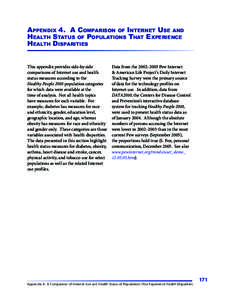 Appendix 4. A Comparison of Internet Use and Health Status of Populations That Experience Health Disparities This appendix provides side-by-side comparisons of Internet use and health status measures according to the