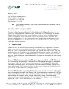 March 23, 2015 City & County of San Francisco Office of Citizen Complaints 25 Van Ness Ave., Suite 700 San Francisco, CARe: