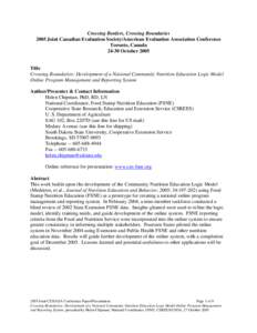 Crossing Borders, Crossing Boundaries 2005 Joint Canadian Evaluation Society/American Evaluation Association Conference Toronto, Canada[removed]October[removed]Title