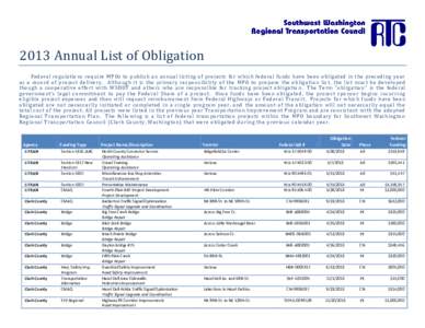 2013 Annual List of Obligation  Federal regulations require MPOs to publish an annual listing of projects for which federal funds have been obligated in the preceding year as a record of project delivery. Although it is 