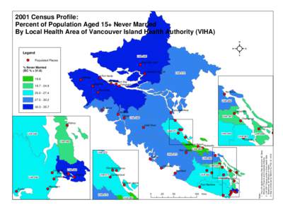 2001 Census Profile: Percent of Population Aged 15+ Never Married By Local Health Area of Vancouver Island Health Authority (VIHA) Legend LHA-085