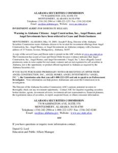 ALABAMA SECURITIES COMMISSION 770 WASHINGTON AVE, SUITE 570 MONTGOMERY, ALABAMATelephone: (orFax: (Email:  Website: www.asc.state.al.us INVESTMEN