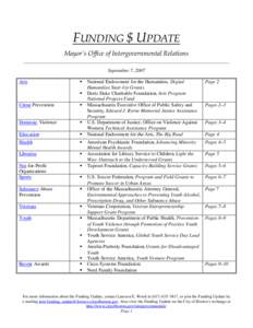 FUNDING $ UPDATE Mayor’s Office of Intergovernmental Relations ____________________________________________________________________________________ September 7, 2007 Arts