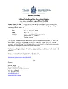 Military Police Complaints Commission Hearing into Fynes complaint begins March 27, 2012