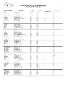 GOVERNORS’ POLITICAL AFFILIATIONS & TERMS OF OFFICE, 2007 State or jurisdiction