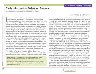 2009 Annual Meeting Coverage  Early Information Behavior Research Bulletin of the American Society for Information Science and Technology – February/March 2010 – Volume 36, Number 3  by Barbara M. Wildemuth and Donal