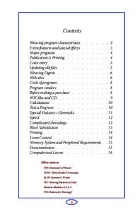 Contents Weaving program characteristics[removed]Extra features and special eﬀects[removed]Major programs . . . . . . . . . . Publication & Printing[removed]Color entry . . . . . . . . . . . .