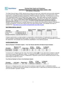 Drinking Water Quality and Compliance SaskWater Buffalo Pound Potable Water Supply System - West 2014 Notice to Consumers The Water Security Agency (WSA) requires that, at least once each year, waterworks owners provide 