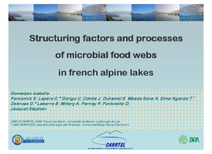 Structuring factors and processes of microbial food webs in french alpine lakes Domaizon Isabelle Personnic S. Lepère C.* Dorigo U. Comte J. Duhamel S. Mbade Sene A. Sime Ngando T.* Debroas D.* Leberre B. Millery A. Per