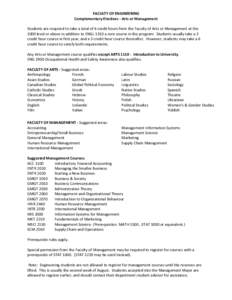 FACULTY OF ENGINEERING Complementary Electives - Arts or Management Students are required to take a total of 6 credit hours from the Faculty of Arts or Management at the 1000 level or above in addition to ENGL 1310 a cor