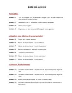 LISTE DES ANNEXES Généralités Annexe 1 Taux par kilomètre, taux des indemnités de repas et taux des frais connexes en vigueur dans la fonction publique