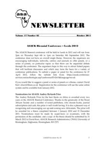 NEWSLETTER Volume 17 Number 65 OctoberASAUK Biennial Conference – Leeds 2012